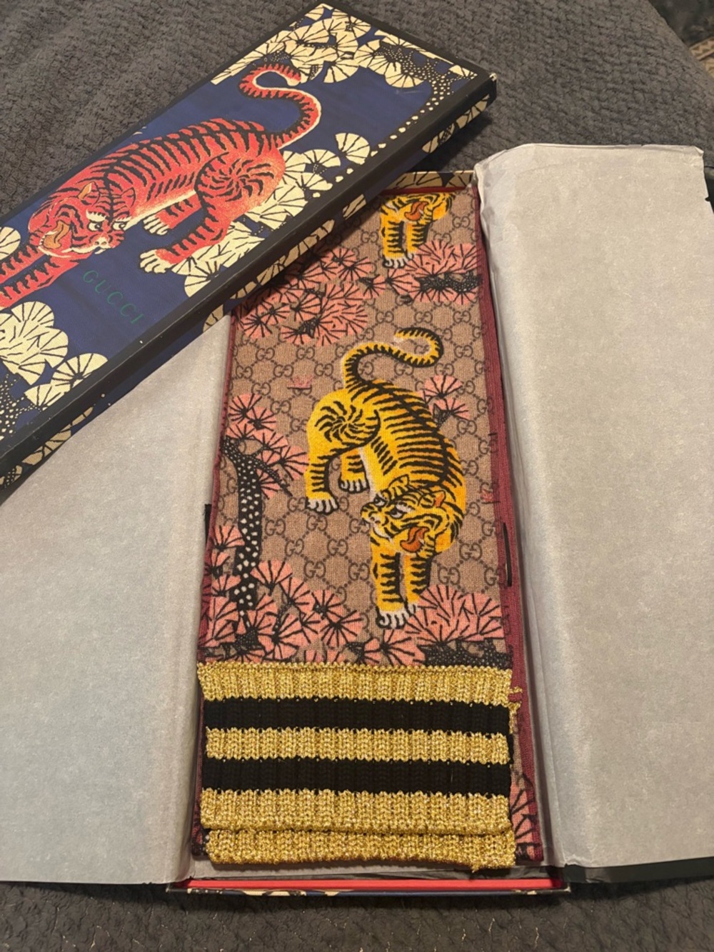 Gucci Pink and Beige GG Tiger Motif Wool Scarf with Yellow Tiger